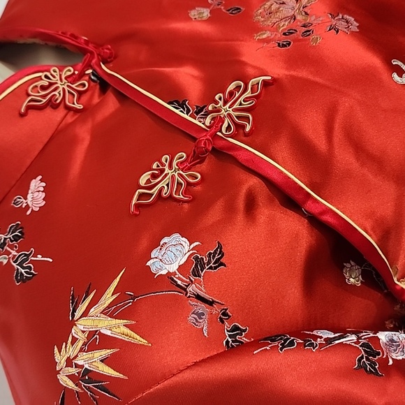 Vintage Dress Chinese Asian Qipao Cheongsam Satin Side Slit Red Size M - Picture 4 of 17